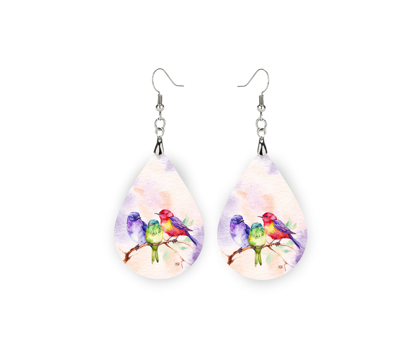 New Release Colorful Birds Print Earrings Print Tear Drop Wood Dangle Earrings Hypoallergenic Jewelry