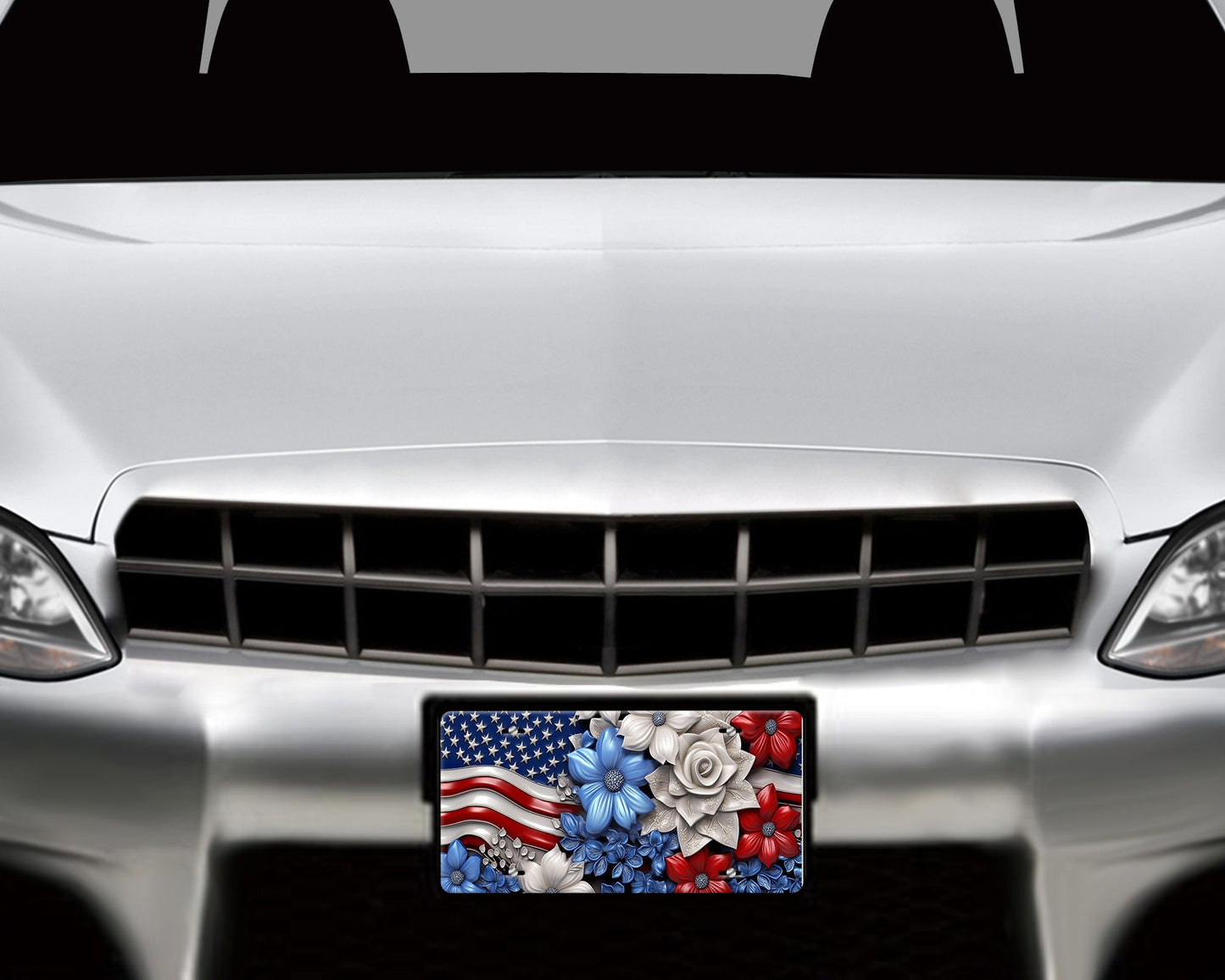 Patriotic Flag and Flowers Vanity Decorative Front License Plate Cute Car License Plate Aluminum Metal Plate