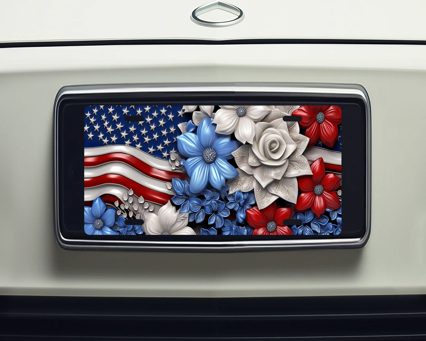 Patriotic Flag and Flowers Vanity Decorative Front License Plate Cute Car License Plate Aluminum Metal Plate