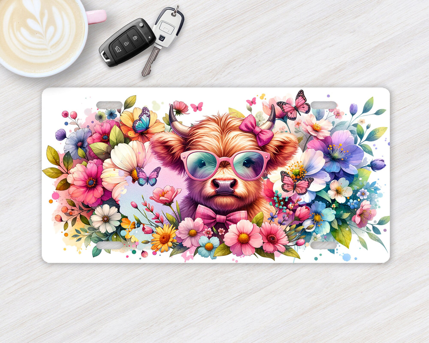 Vanity Front License Plate, Pastel Highland Cow Aluminum Vanity License Plate Car Accessory Decorative Front Plate