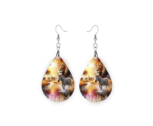 African Safari Print Earrings Print Tear Drop Wood Dangle Earrings Hypoallergenic Jewelry