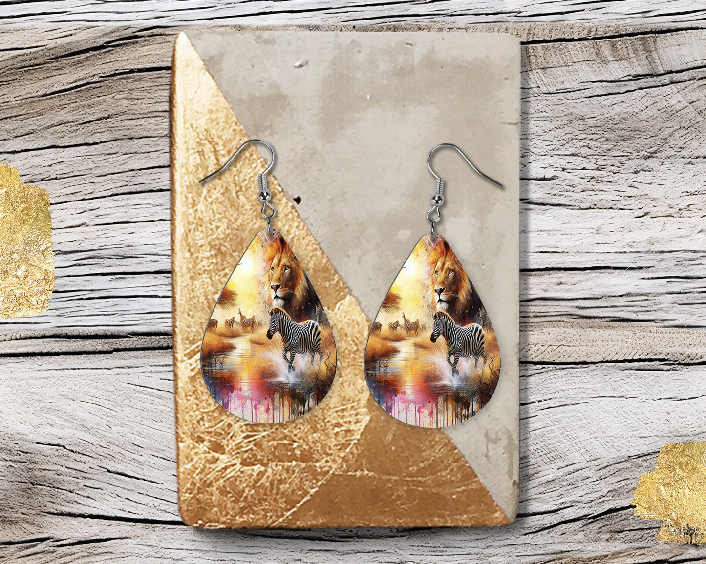 African Safari Print Earrings Print Tear Drop Wood Dangle Earrings Hypoallergenic Jewelry