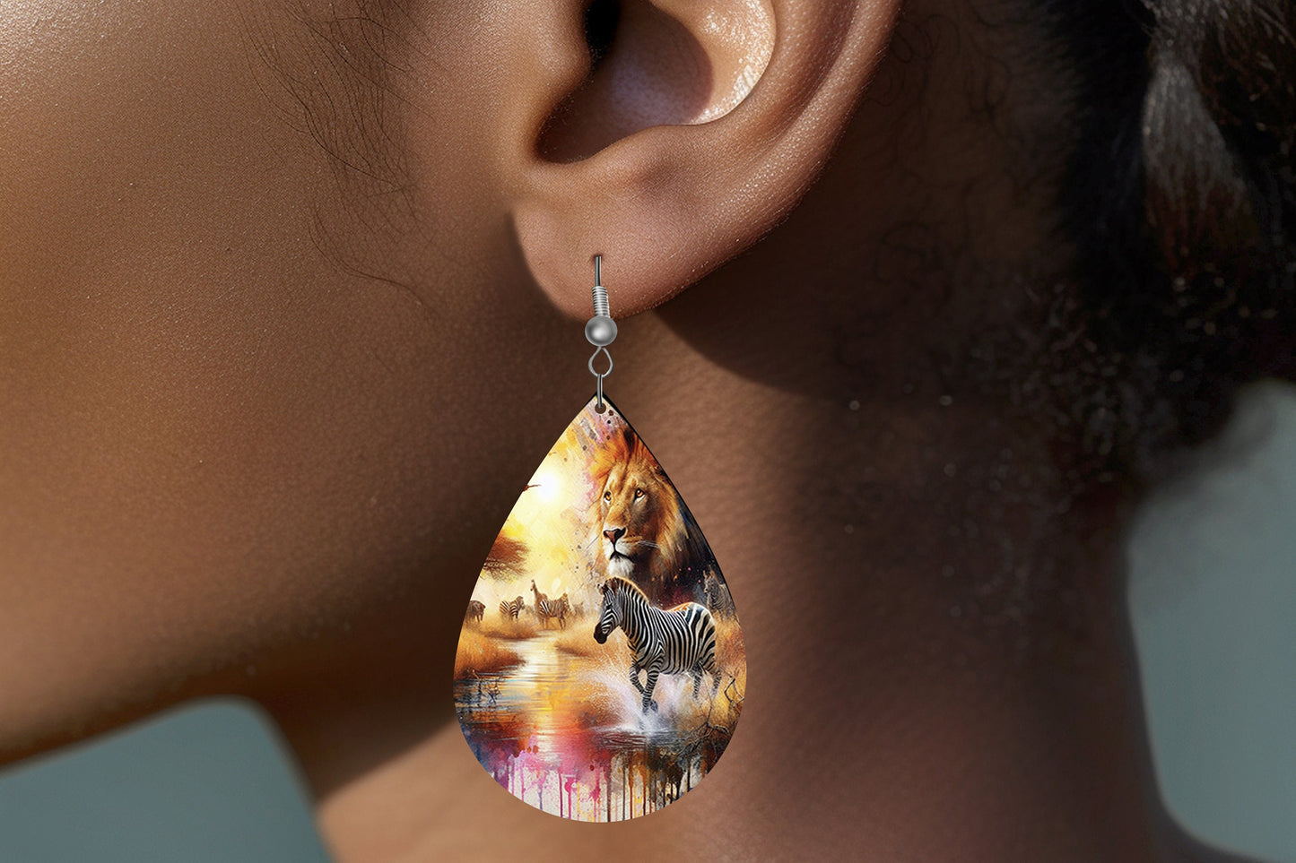 African Safari Print Earrings Print Tear Drop Wood Dangle Earrings Hypoallergenic Jewelry