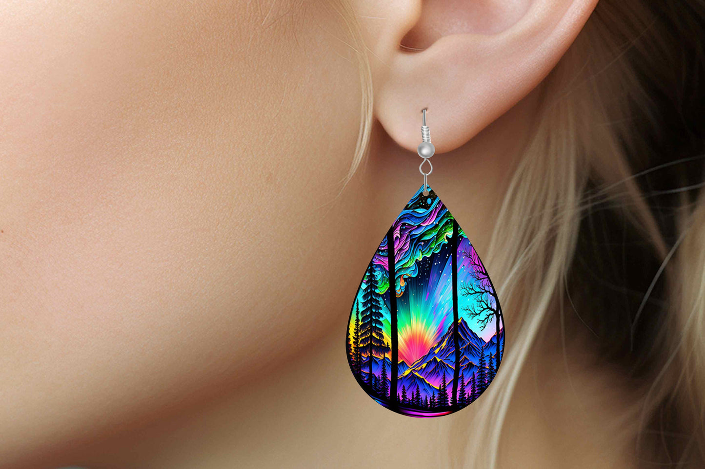 New Release Northern Lights Sunset Print Earrings Print Tear Drop Wood Dangle Earrings Hypoallergenic Jewelry