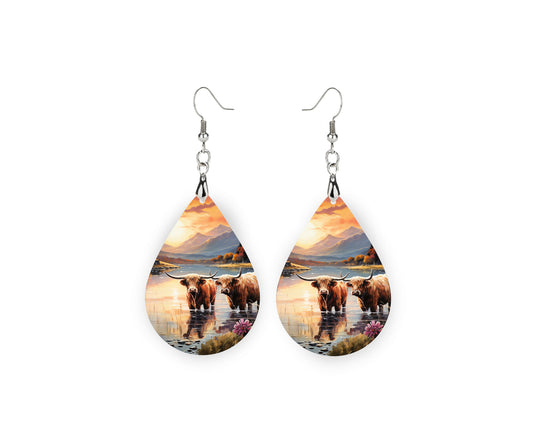 Highland Cow in River Print Earrings Print Tear Drop Wood Dangle Earrings Hypoallergenic Jewelry