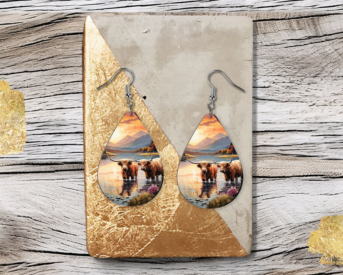 Highland Cow in River Print Earrings Print Tear Drop Wood Dangle Earrings Hypoallergenic Jewelry