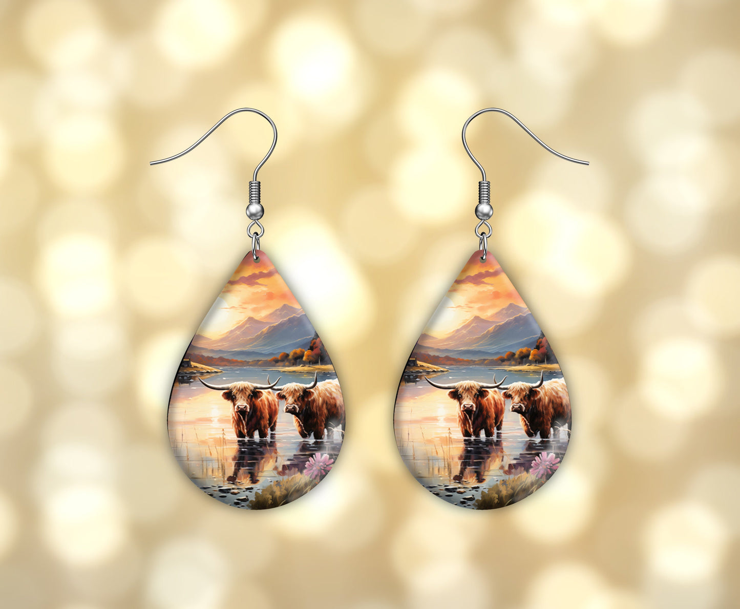 Highland Cow in River Print Earrings Print Tear Drop Wood Dangle Earrings Hypoallergenic Jewelry