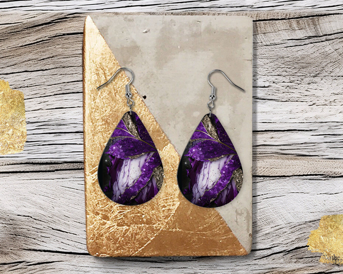 Purple and White Agate Print Earrings, Teardrop Dangle Printed Earrings Jewelry Handmade