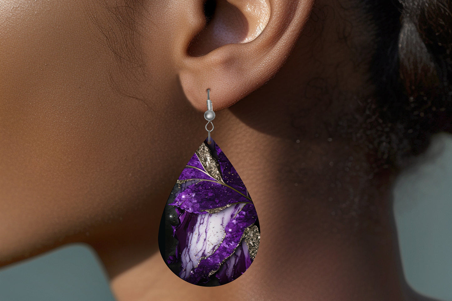 Purple and White Agate Print Earrings, Teardrop Dangle Printed Earrings Jewelry Handmade