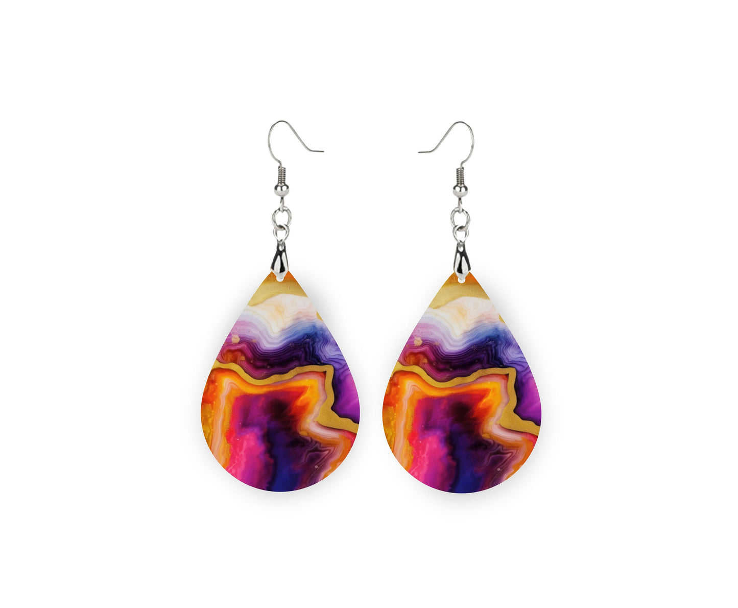 Rainbow Agate Print Earrings, Teardrop Dangle Printed Earrings Jewelry Handmade