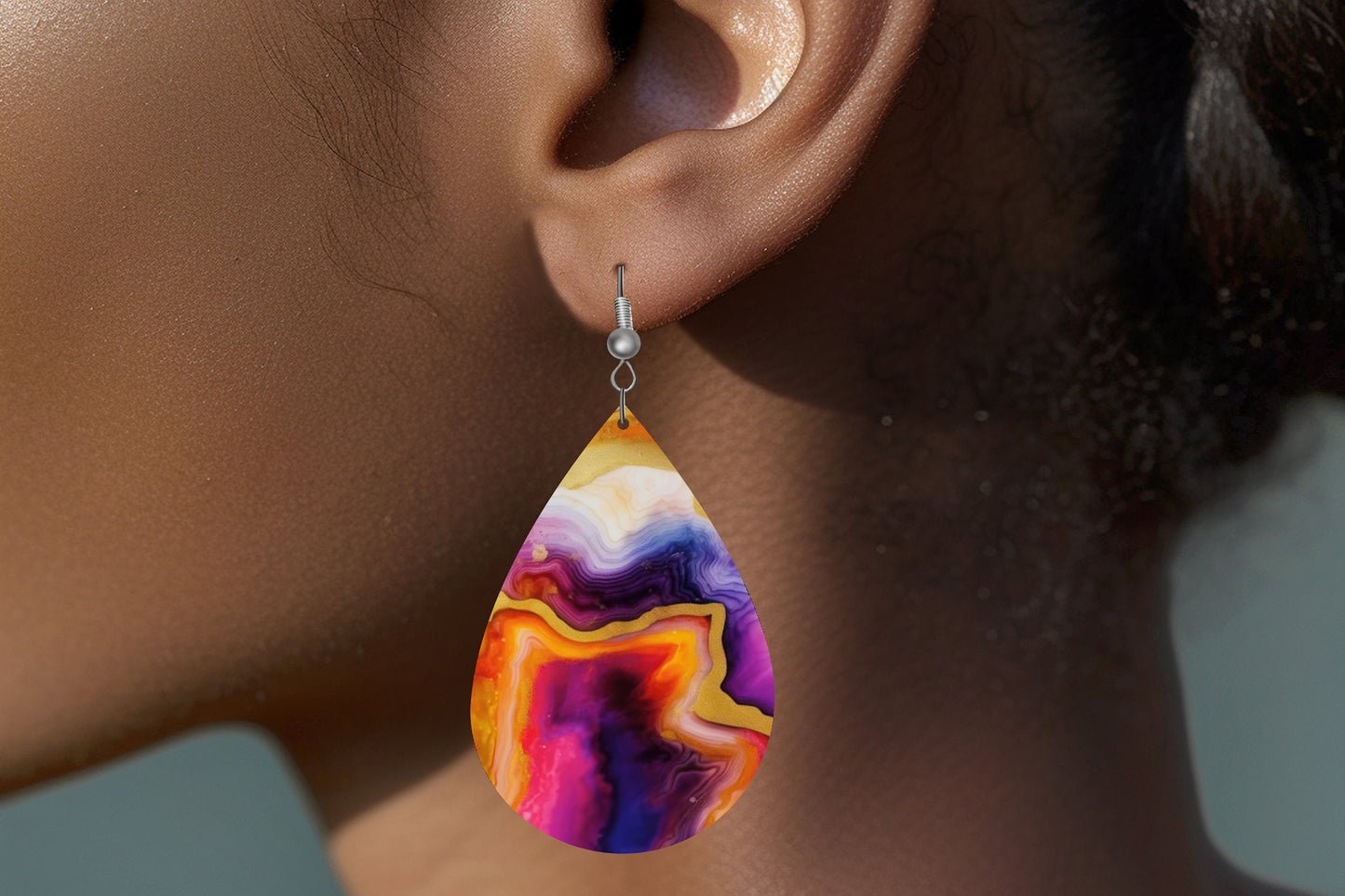 Rainbow Agate Print Earrings, Teardrop Dangle Printed Earrings Jewelry Handmade