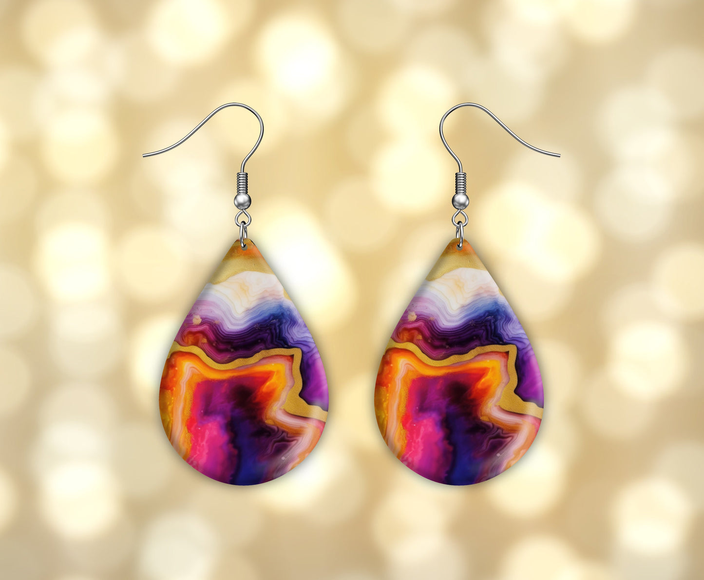 Rainbow Agate Print Earrings, Teardrop Dangle Printed Earrings Jewelry Handmade