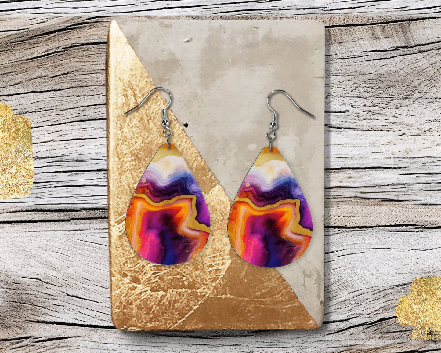 Rainbow Agate Print Earrings, Teardrop Dangle Printed Earrings Jewelry Handmade