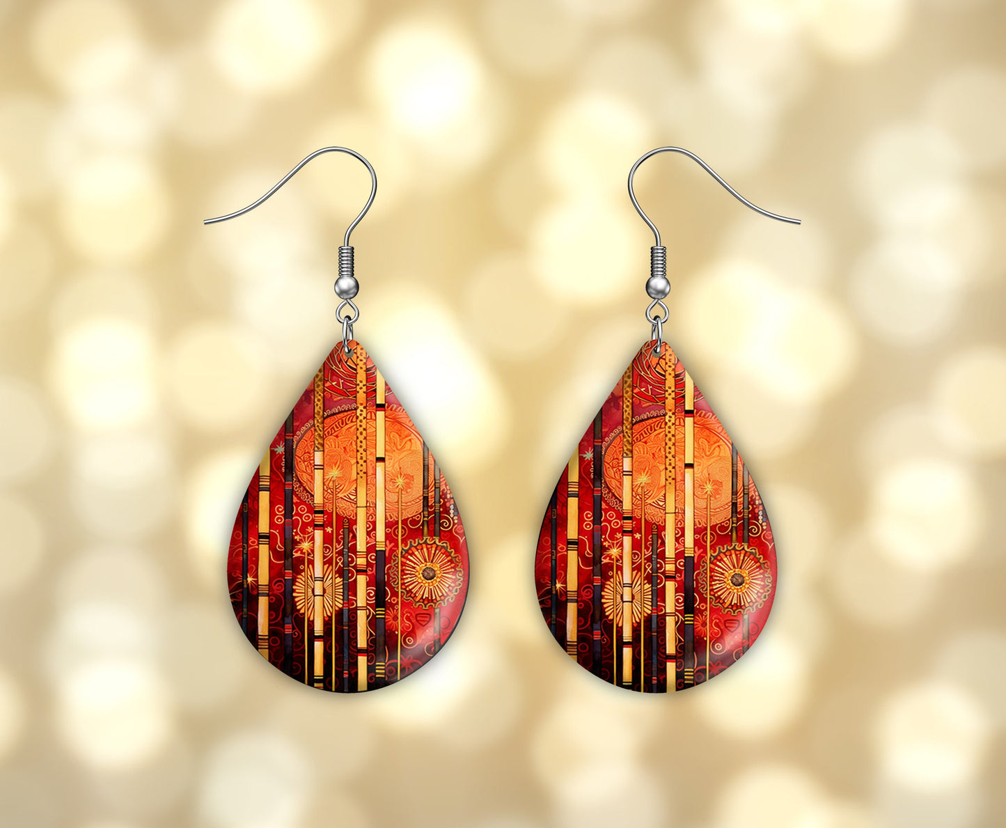 New Release Red and Gold Dreams Print Earrings, Teardrop Dangle Printed Earrings Jewelry Handmade