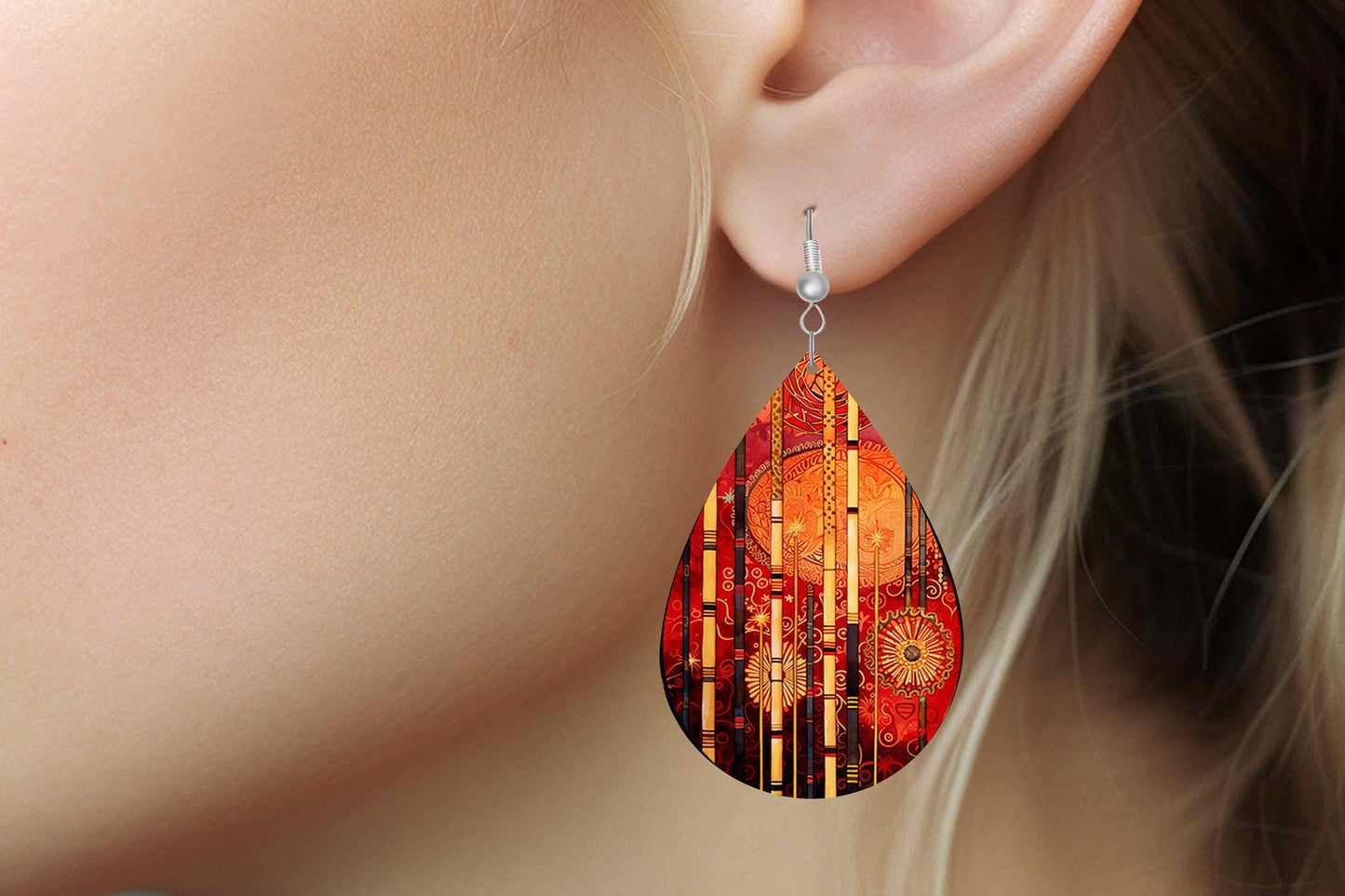 New Release Red and Gold Dreams Print Earrings, Teardrop Dangle Printed Earrings Jewelry Handmade