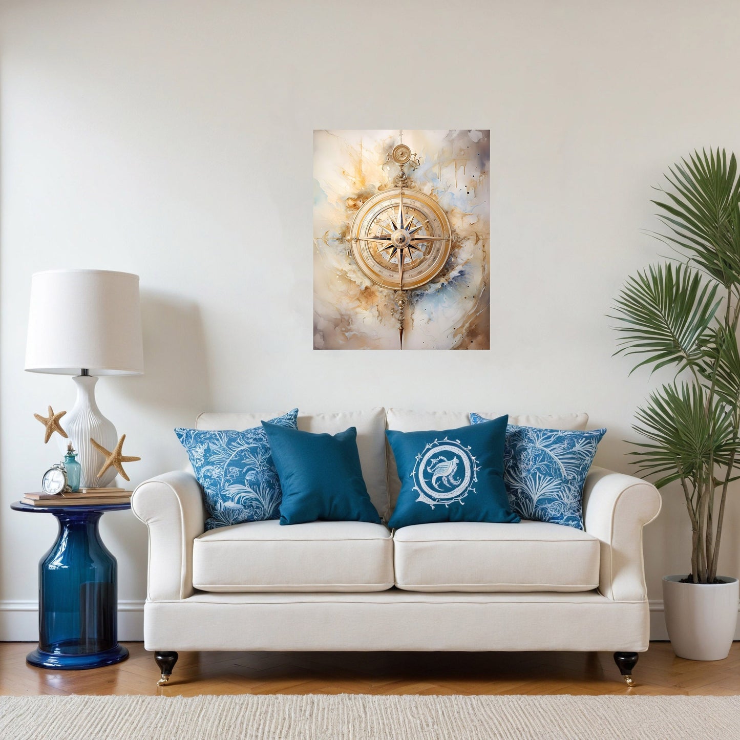 16x20 Golden Compass Coastal Wall Art Canvas Print