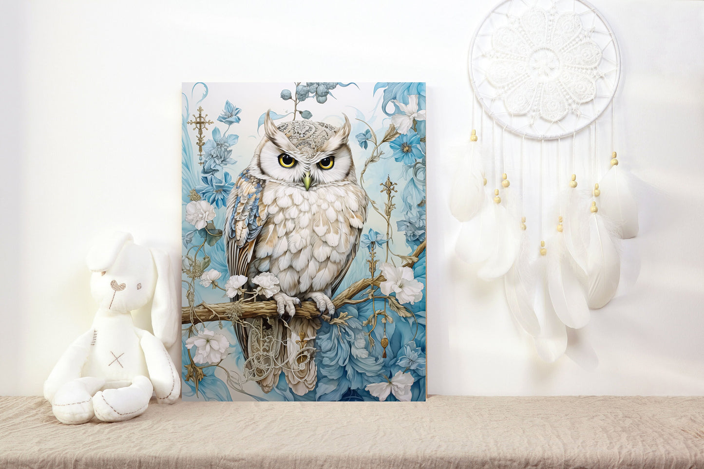 11x14 Owl on Blue Wall Art Canvas Print