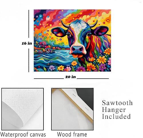 20x16 Bright Colorful Cow Wall Art Canvas Print