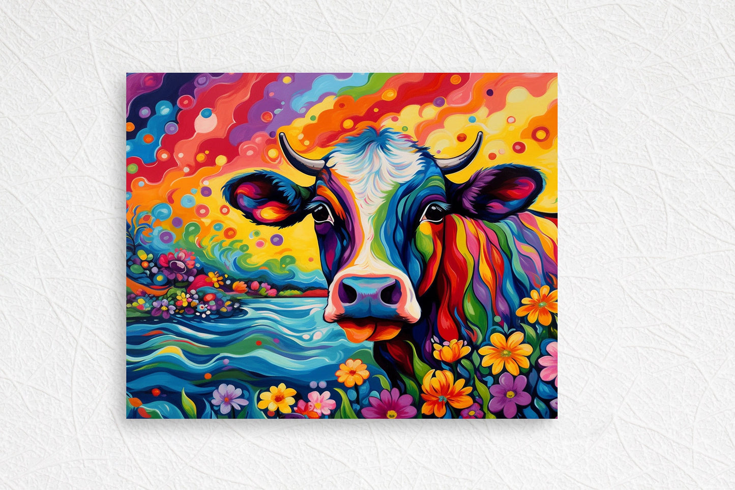 20x16 Bright Colorful Cow Wall Art Canvas Print