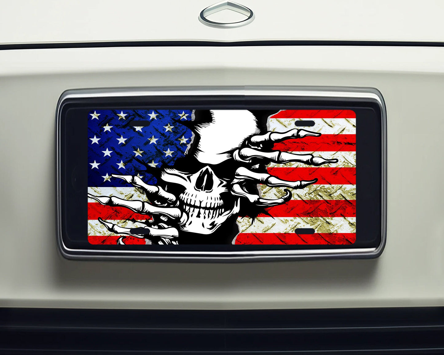 Vanity Front License Plate, Skull and American Flag Aluminum Vanity License Plate Car Accessory Decorative Front Plate