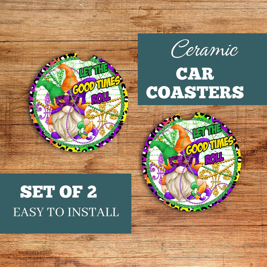 New Release, Set of 2 Let the Good Times Roll Sandstone Car Coasters, Car Accessory