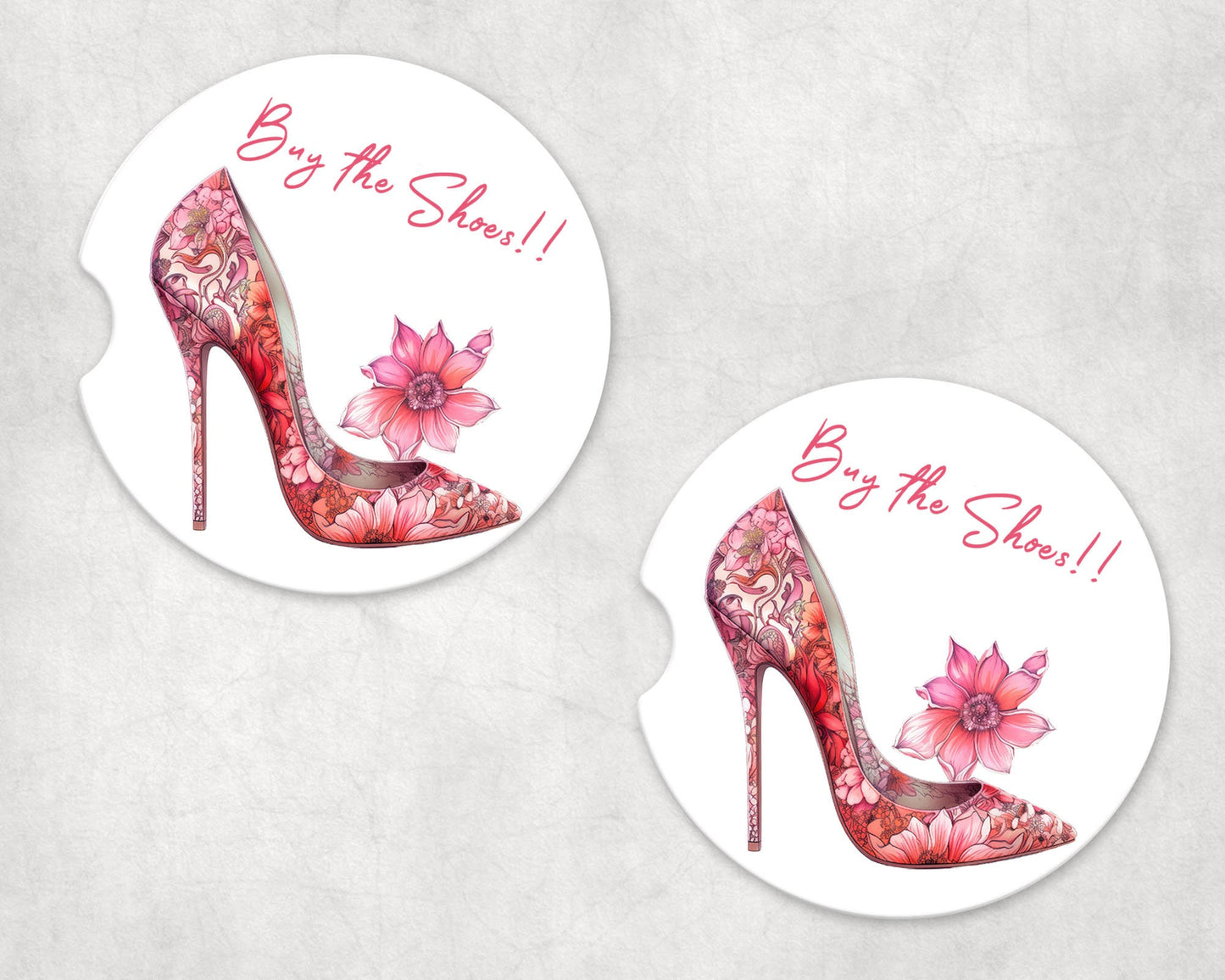 Set of 2 Pink Buy the Shoes Sandstone Car Coasters, Car Accessory