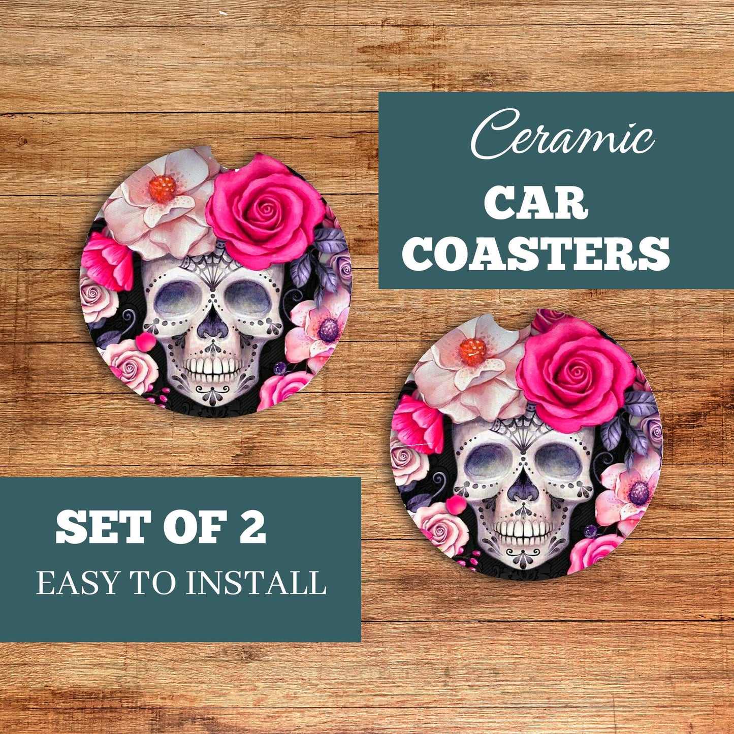 New Release, Set of 2 Pink Roses Day of the Dead Sandstone Car Coasters, Car Accessory