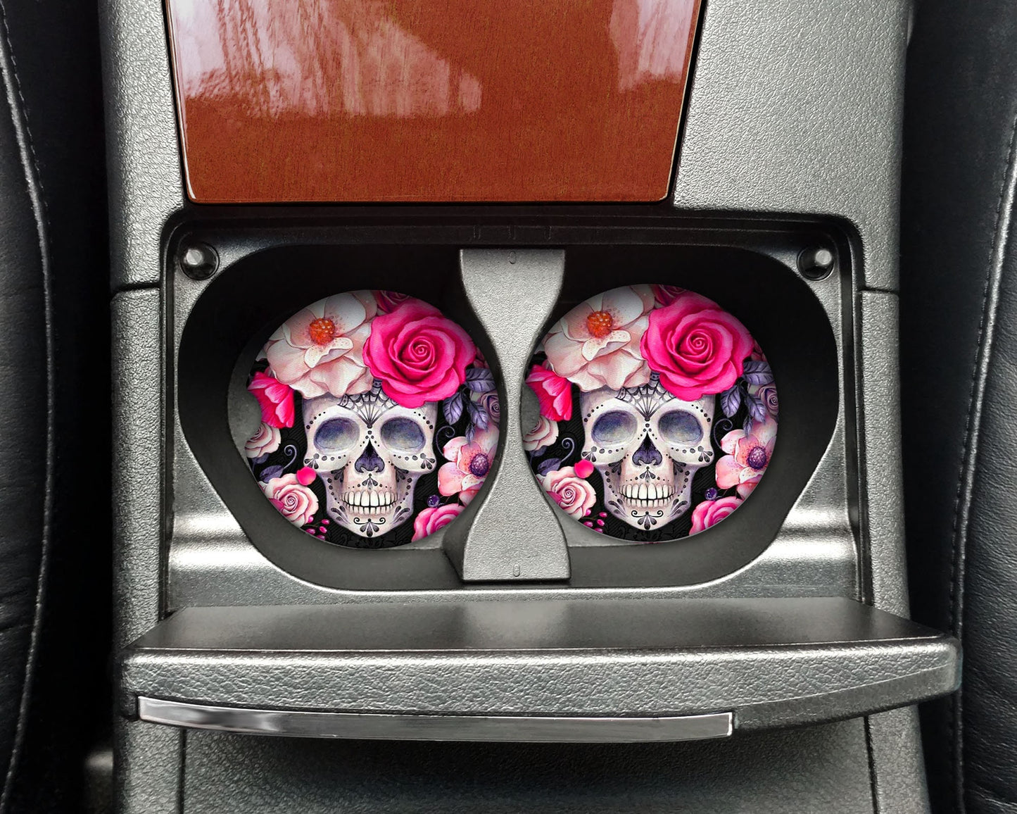 New Release, Set of 2 Pink Roses Day of the Dead Sandstone Car Coasters, Car Accessory