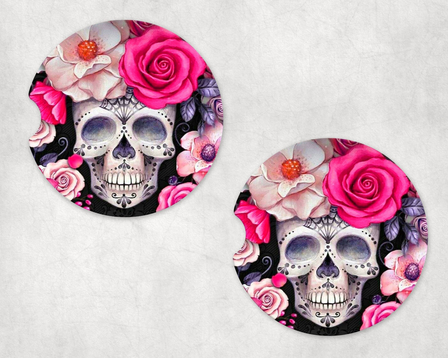 New Release, Set of 2 Pink Roses Day of the Dead Sandstone Car Coasters, Car Accessory