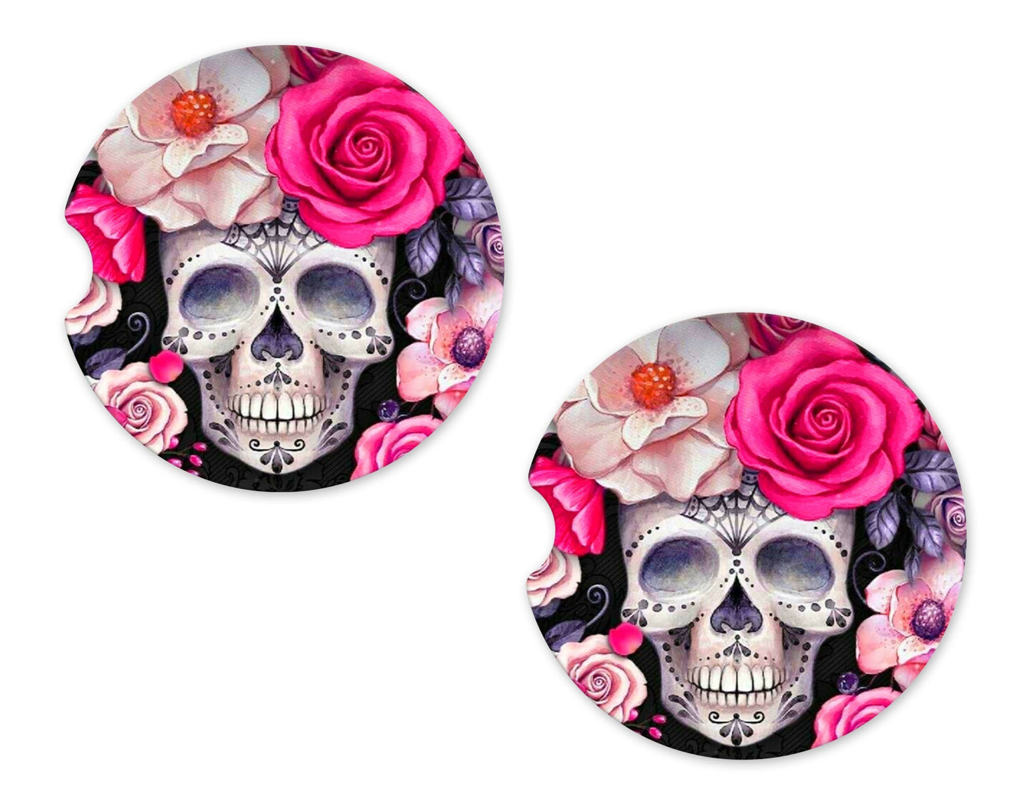 New Release, Set of 2 Pink Roses Day of the Dead Sandstone Car Coasters, Car Accessory