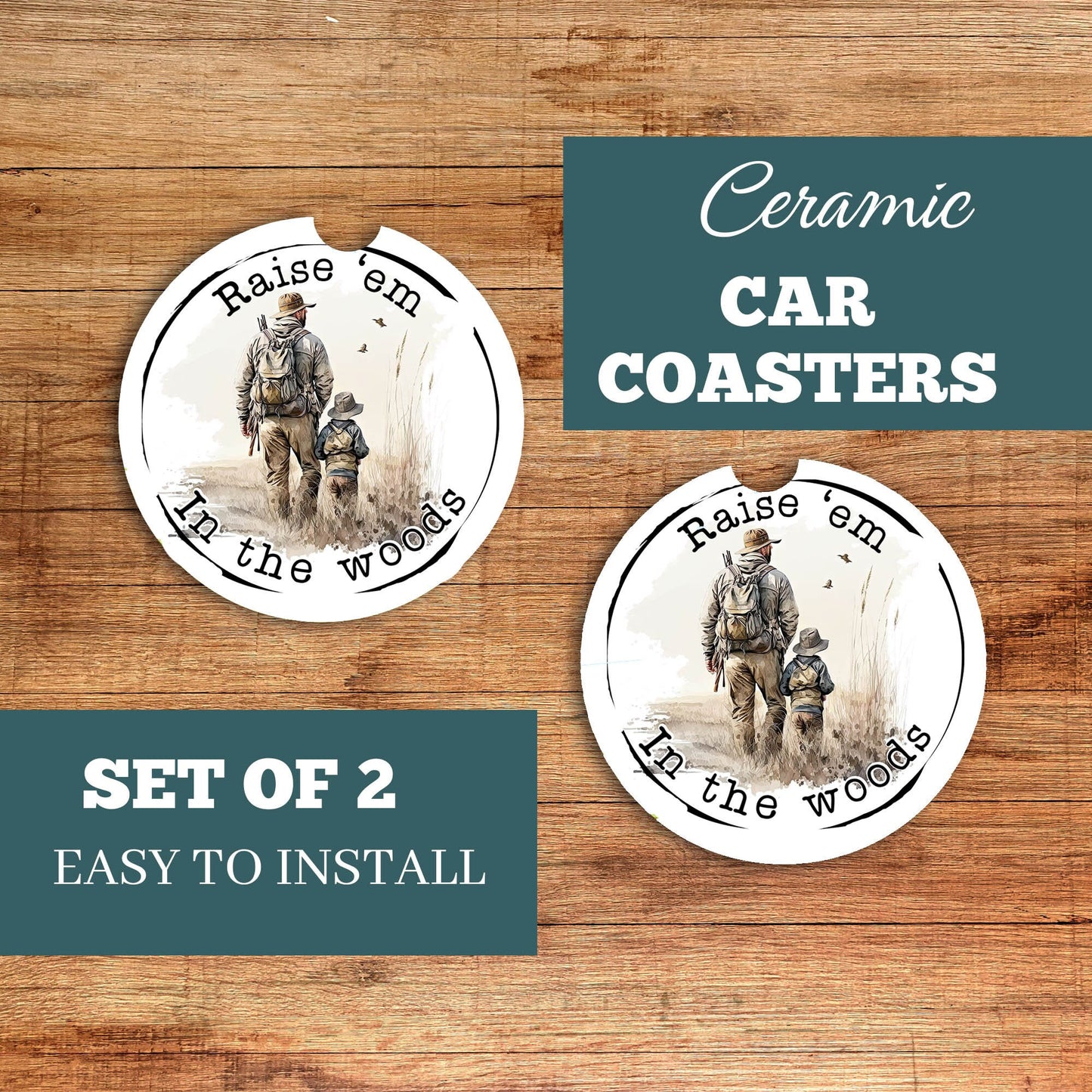 New Release, Set of 2 Raise 'Em in the Woods Sandstone Car Coasters, Car Accessory