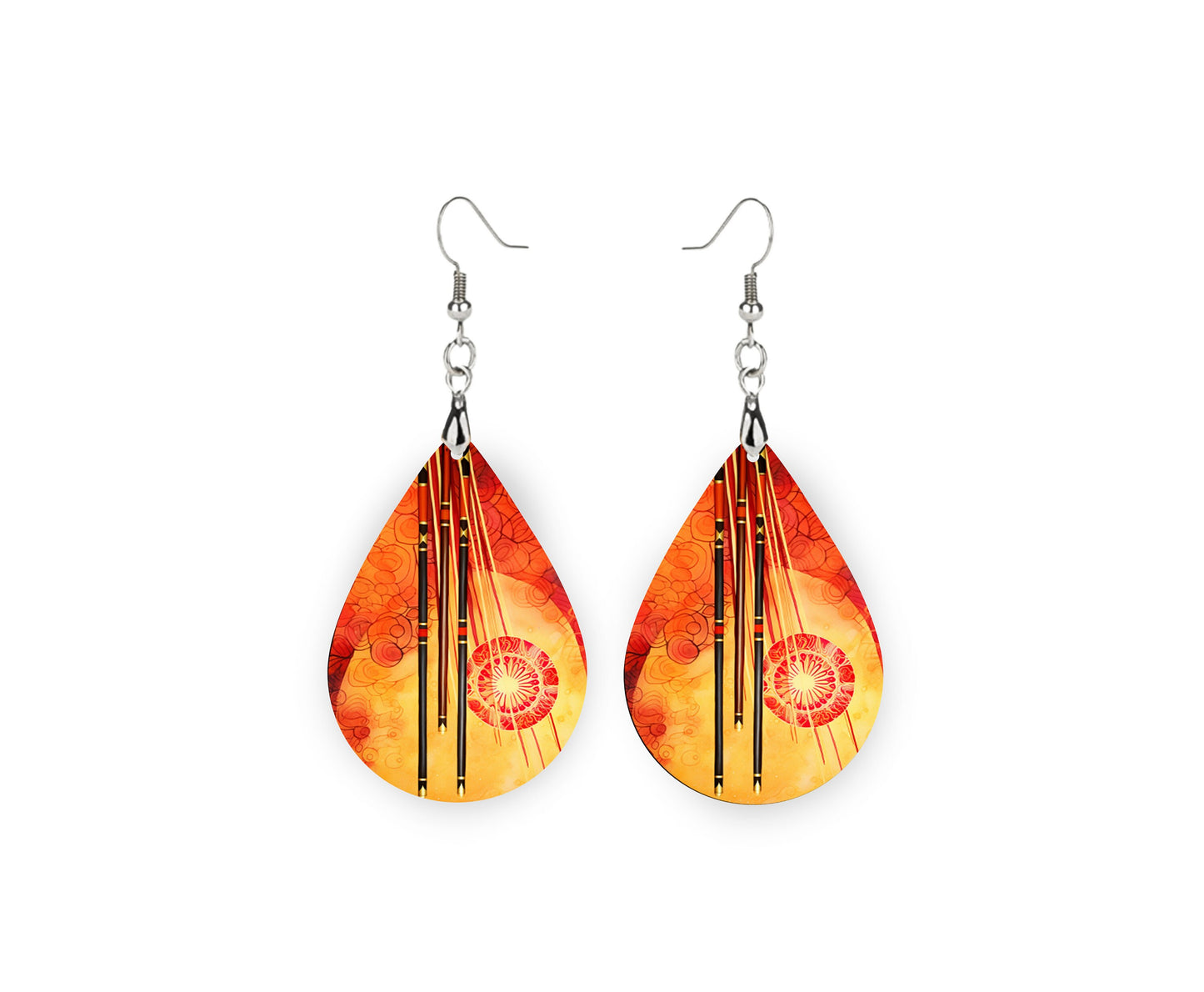 New Release Asian Gold Print Tear Drop Wood Dangle Earrings Hypoallergenic Jewelry