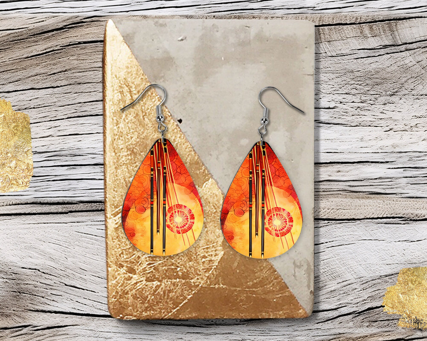 New Release Asian Gold Print Tear Drop Wood Dangle Earrings Hypoallergenic Jewelry