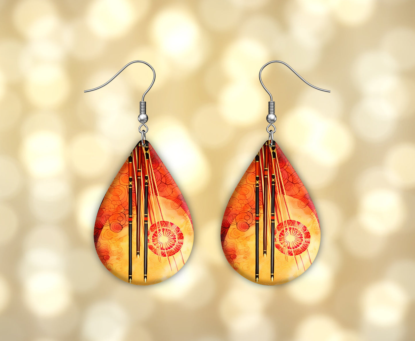 New Release Asian Gold Print Tear Drop Wood Dangle Earrings Hypoallergenic Jewelry