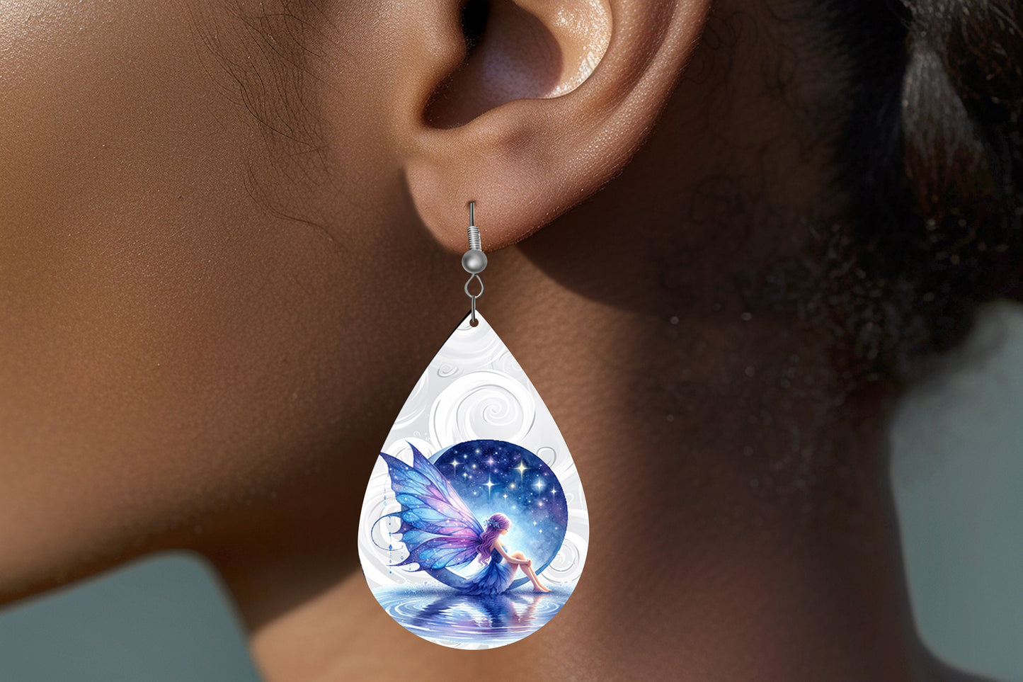 New Release Blue Moon Fairy Tear Drop Wood Dangle Earrings Hypoallergenic Jewelry