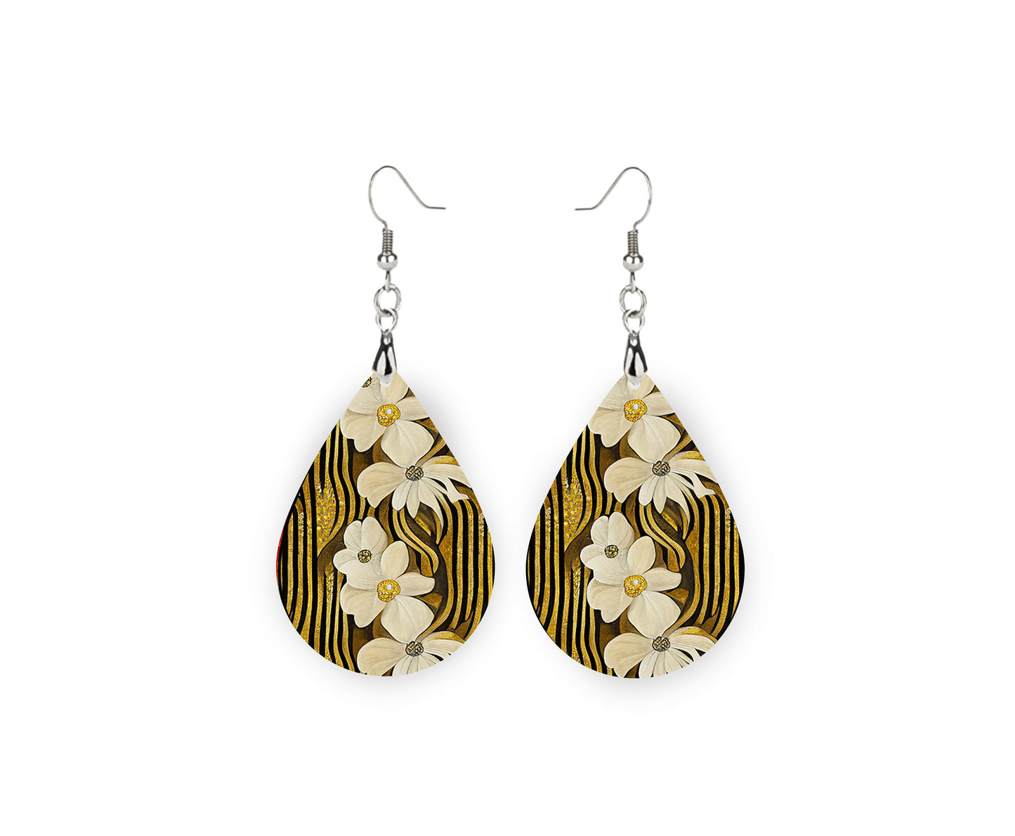 New Release Cream and Gold Flowers Print Tear Drop Wood Dangle Earrings Hypoallergenic Jewelry