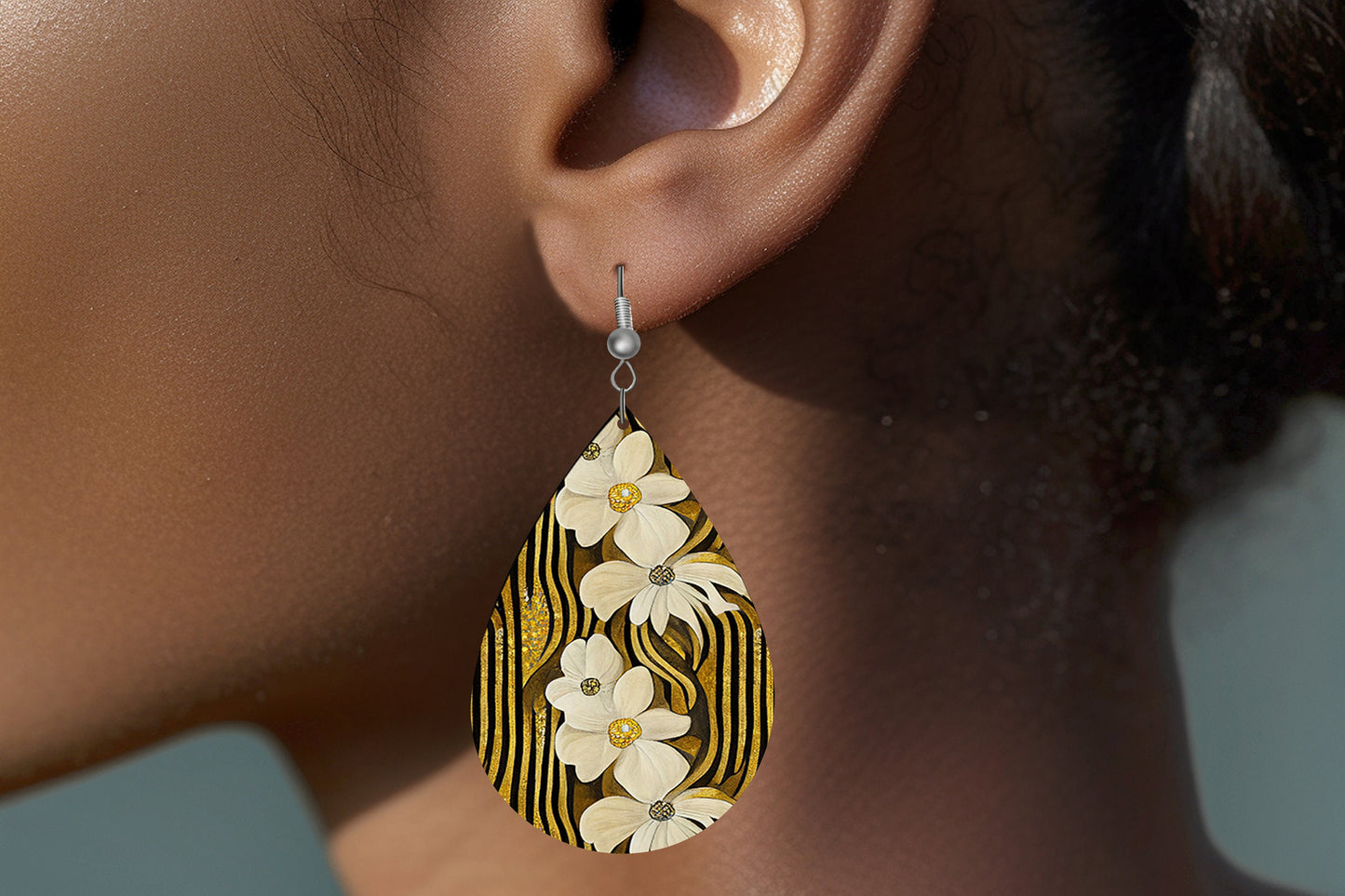 New Release Cream and Gold Flowers Print Tear Drop Wood Dangle Earrings Hypoallergenic Jewelry