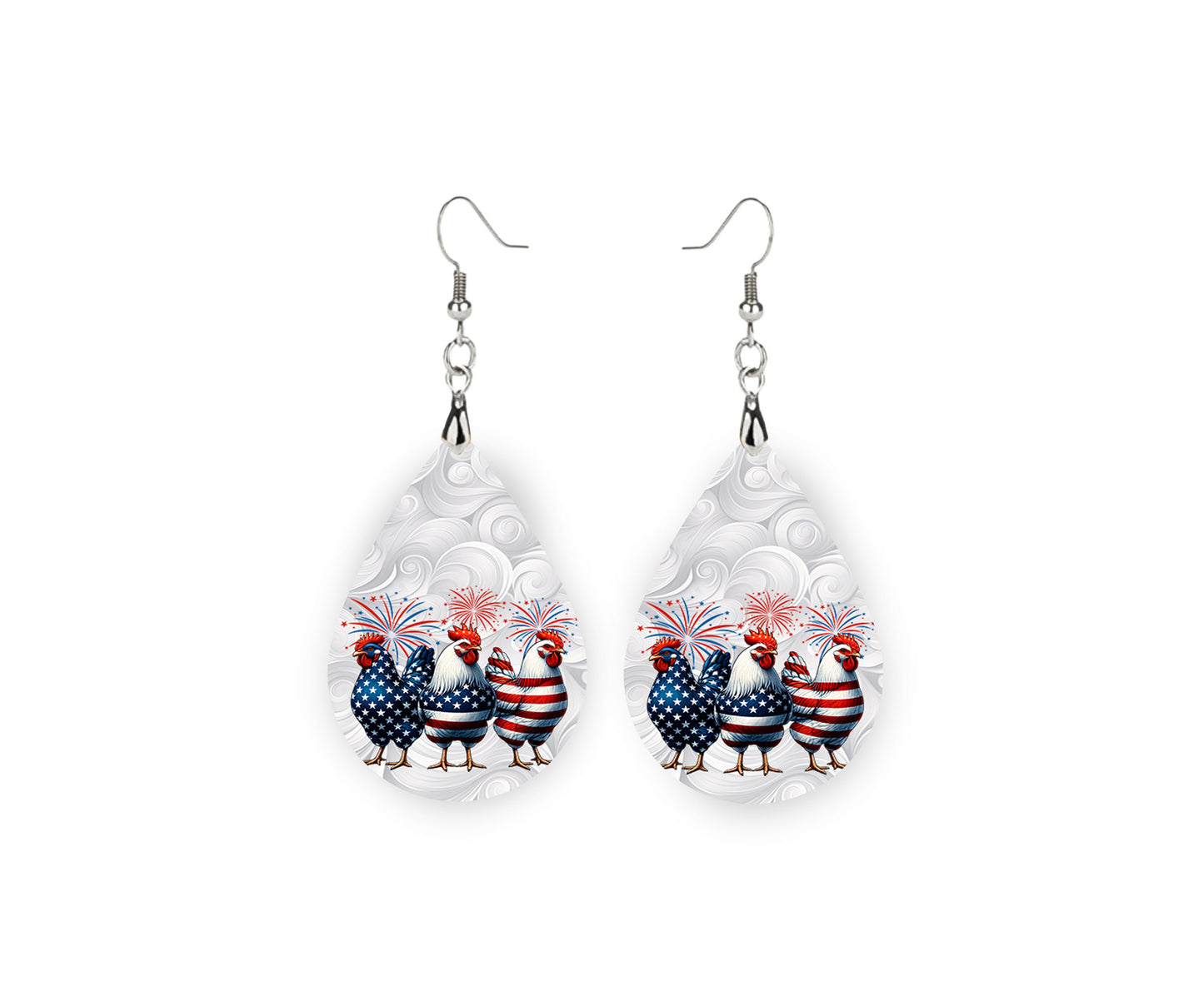 New Release Patriotic Chickens Tear Drop Wood Dangle Earrings Hypoallergenic Jewelry