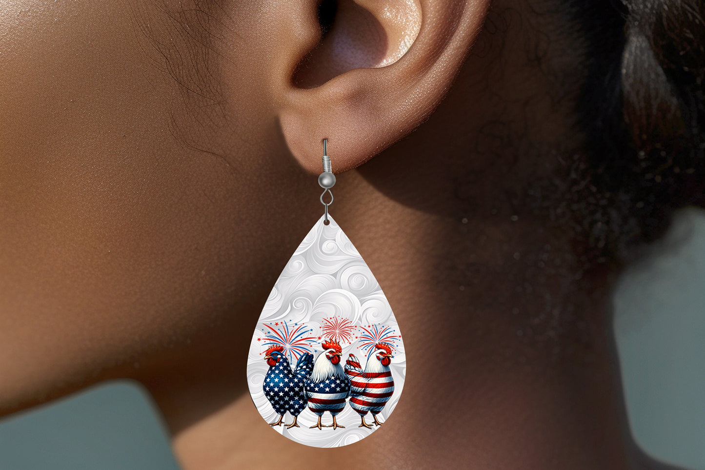 New Release Patriotic Chickens Tear Drop Wood Dangle Earrings Hypoallergenic Jewelry