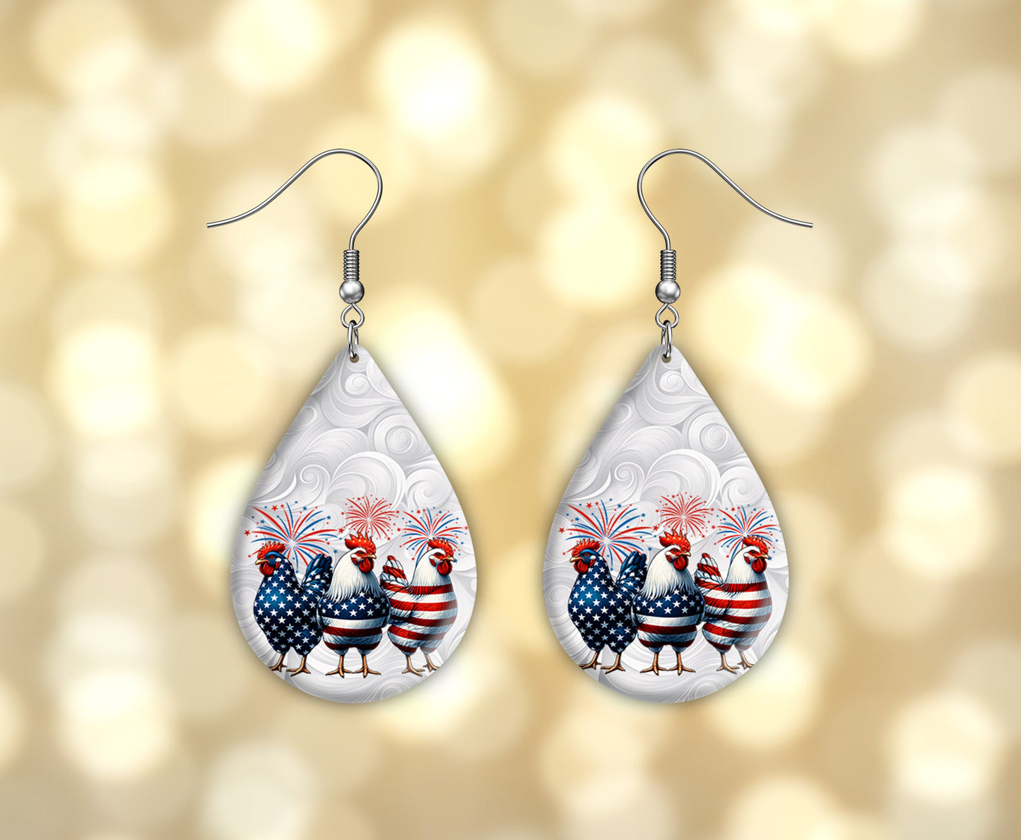 New Release Patriotic Chickens Tear Drop Wood Dangle Earrings Hypoallergenic Jewelry