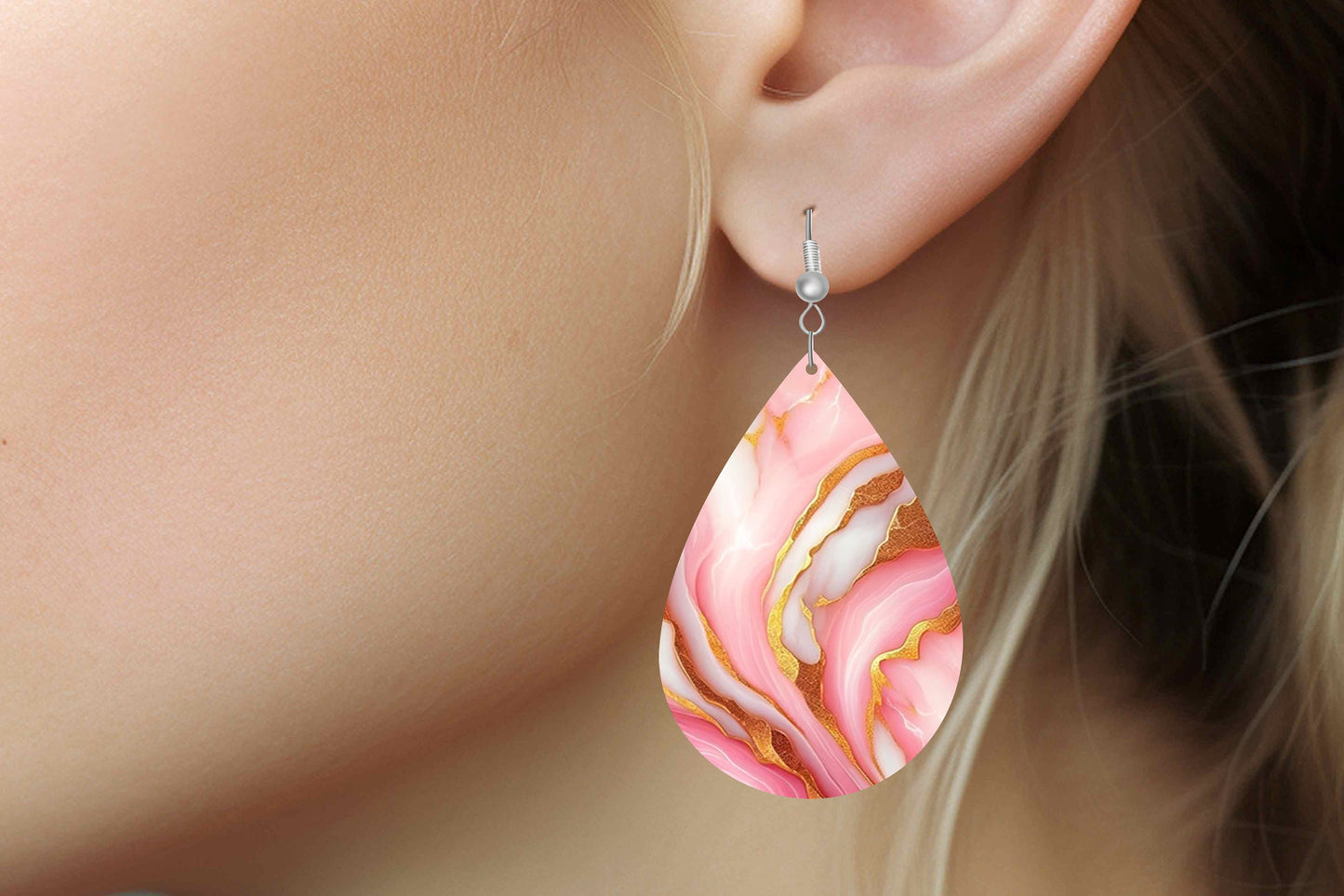 New Release Pink and White Marble Print Tear Drop Wood Dangle Earrings Hypoallergenic Jewelry