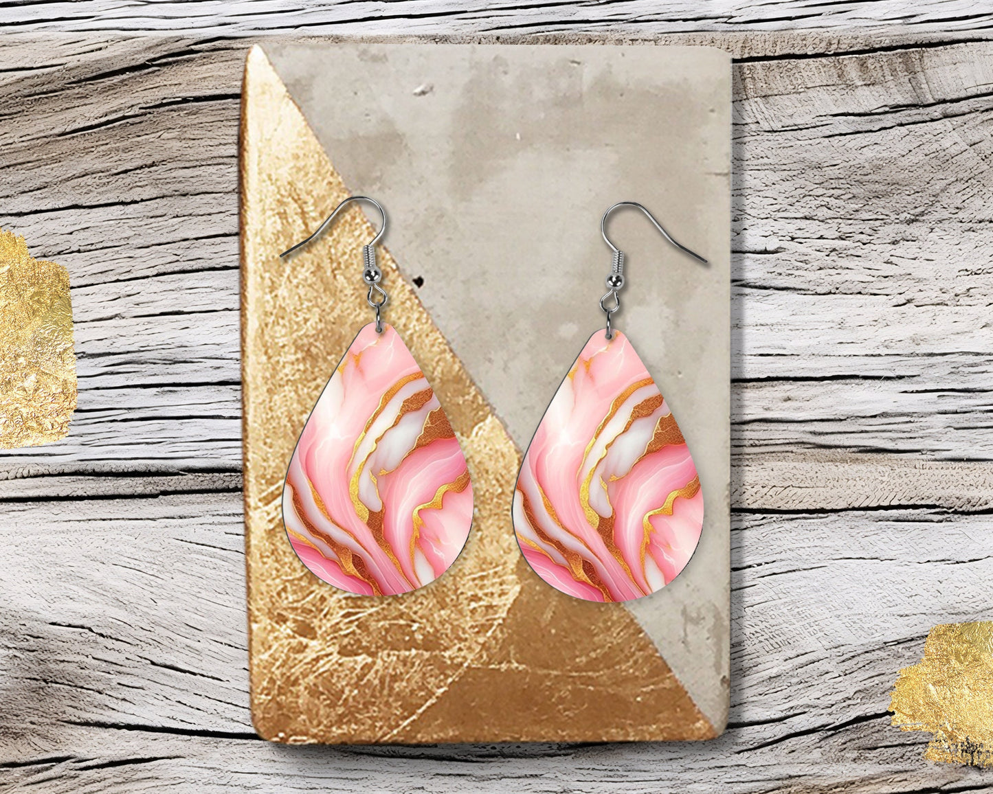 New Release Pink and White Marble Print Tear Drop Wood Dangle Earrings Hypoallergenic Jewelry