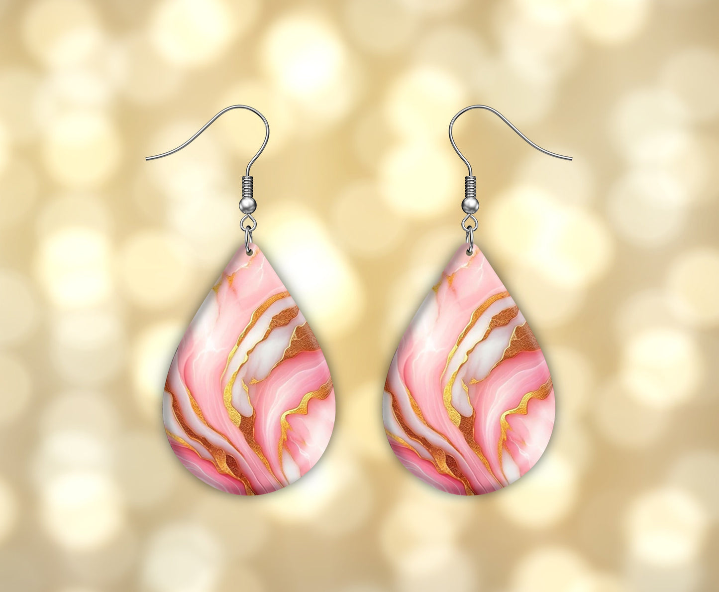 New Release Pink and White Marble Print Tear Drop Wood Dangle Earrings Hypoallergenic Jewelry