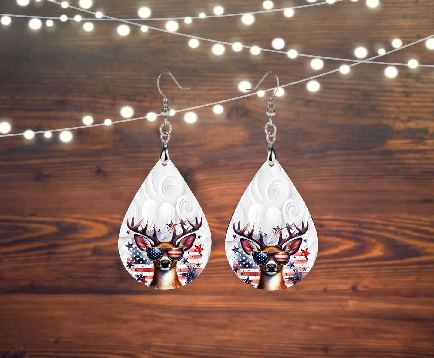 New Release Patriotic Deer Tear Drop Wood Dangle Earrings Hypoallergenic Jewelry