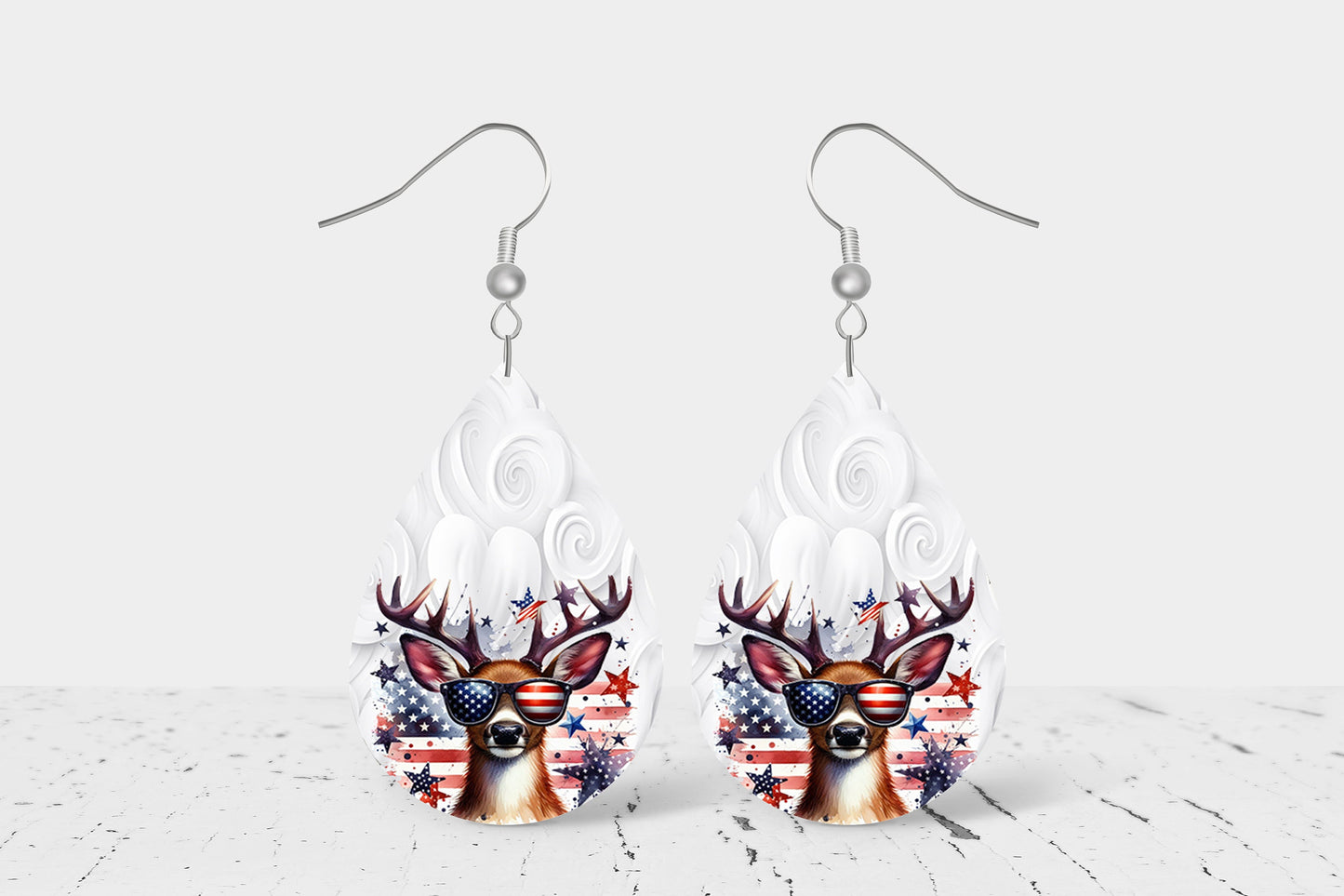 New Release Patriotic Deer Tear Drop Wood Dangle Earrings Hypoallergenic Jewelry