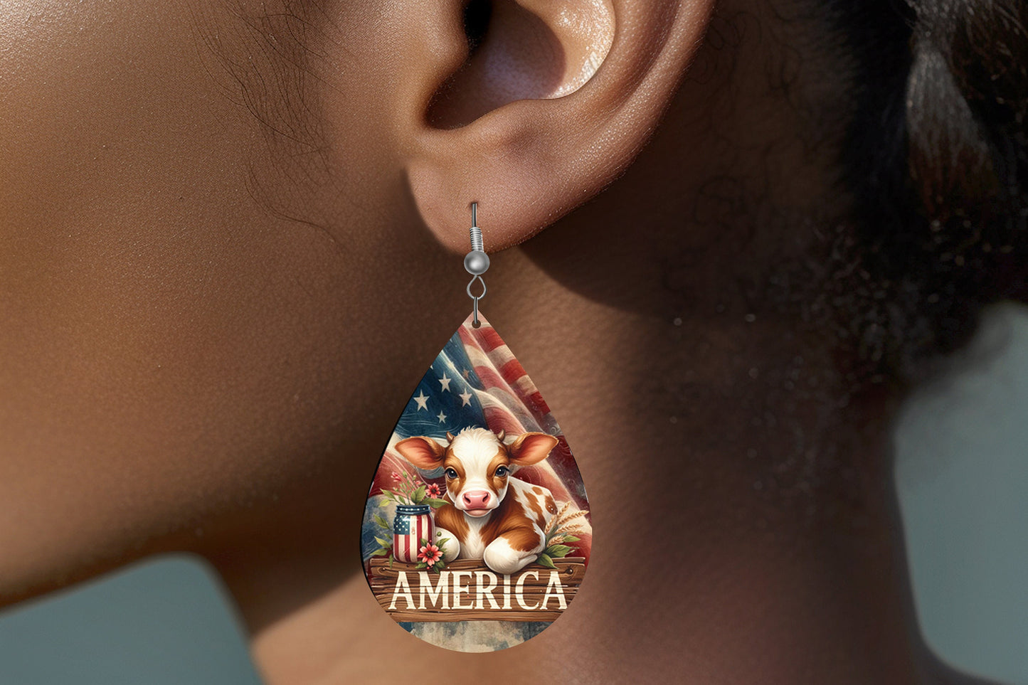 New Release American Cow Tear Drop Wood Dangle Earrings Hypoallergenic Jewelry