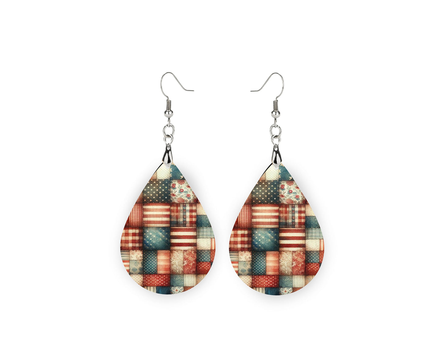 New Release Patchwork Stars and Stripes Tear Drop Wood Dangle Earrings Hypoallergenic Jewelry