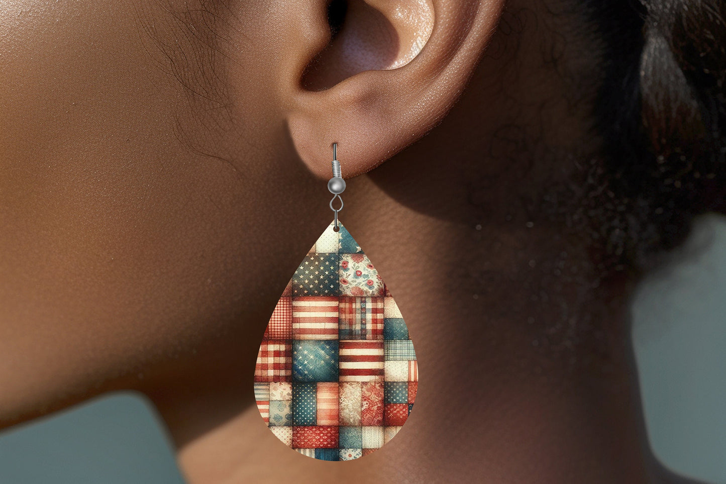 New Release Patchwork Stars and Stripes Tear Drop Wood Dangle Earrings Hypoallergenic Jewelry