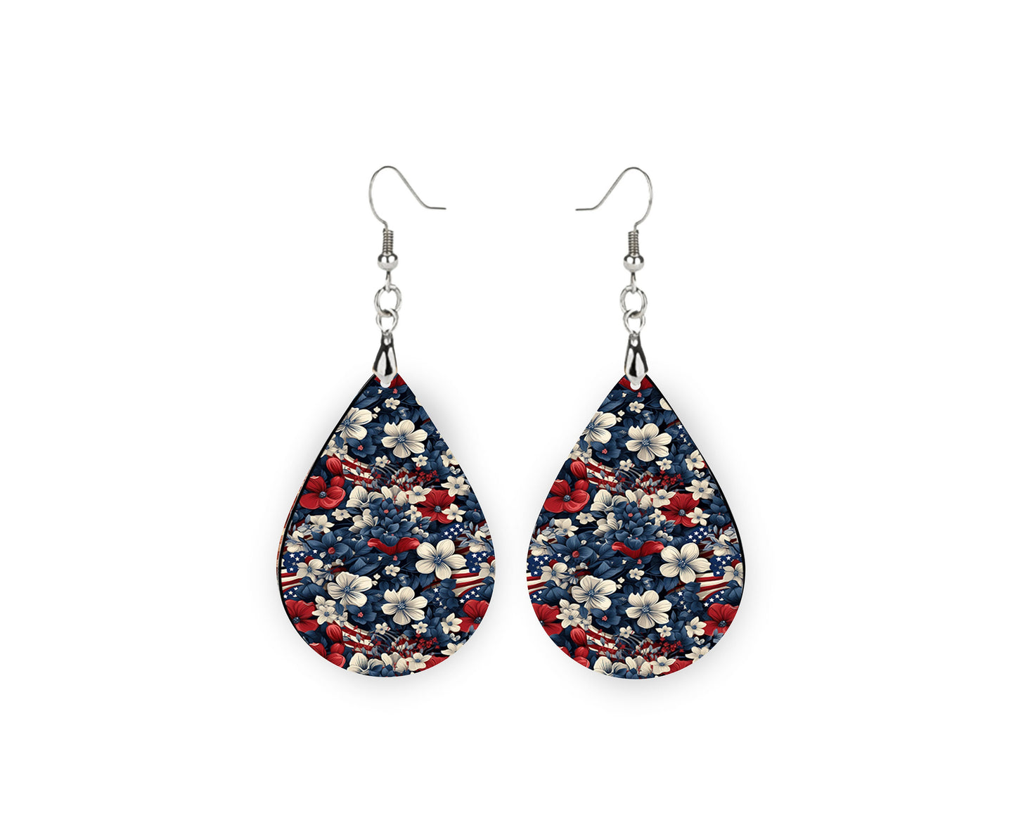 New Release Stars and Stripes Flowers Tear Drop Wood Dangle Earrings Hypoallergenic Jewelry