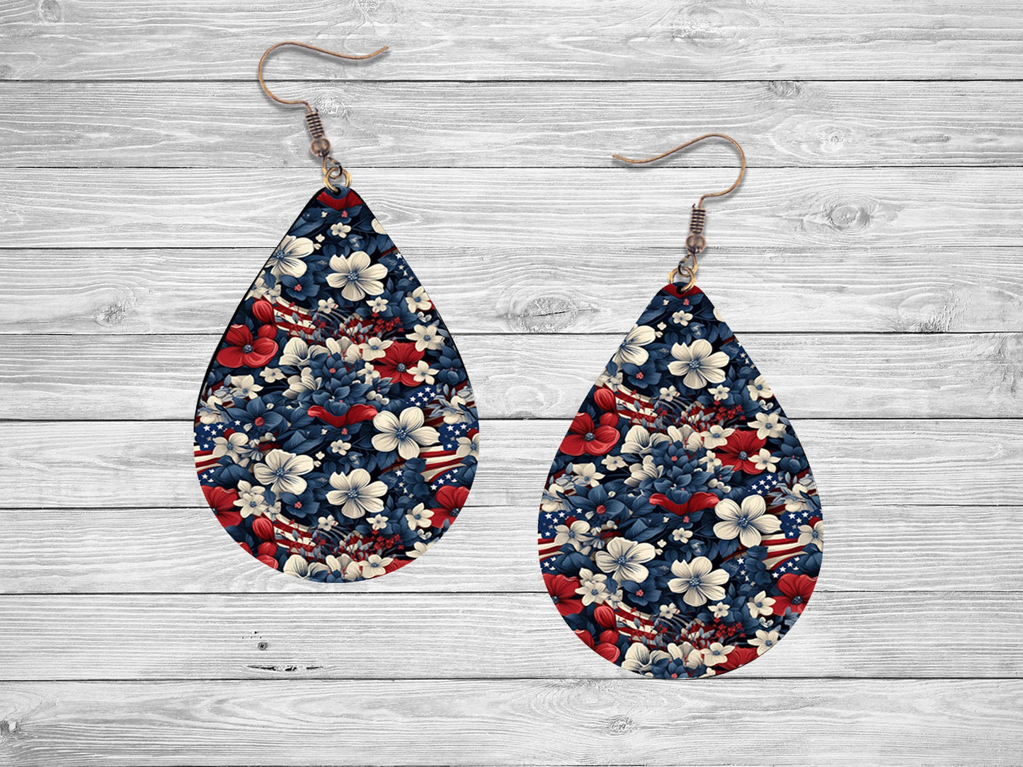 New Release Stars and Stripes Flowers Tear Drop Wood Dangle Earrings Hypoallergenic Jewelry